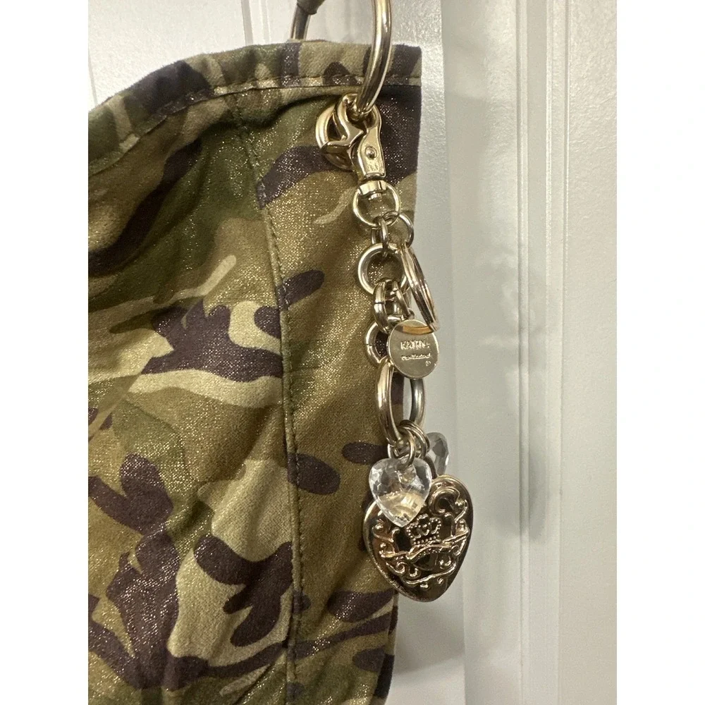 Kathy Van Zeeland Metallic Camouflage Hobo Bag Gold Green Camo Y2K Heart Charm